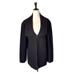 Alexandra‎ Bartlett Sweater Women 1X Brown Wool Knit Embroidered Collar Cardigan